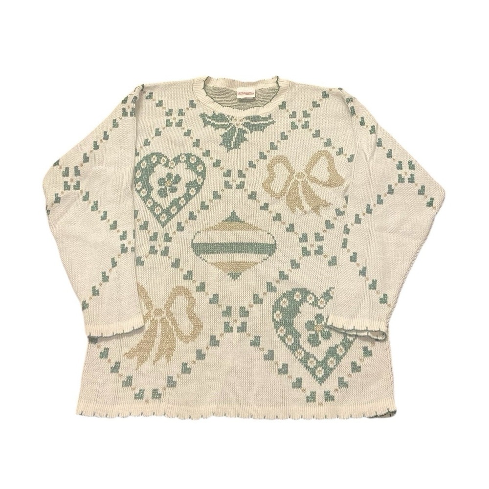 VTG Christmas Sweater S Mistletoe Glitter Ornaments Holiday Bow Gold Green